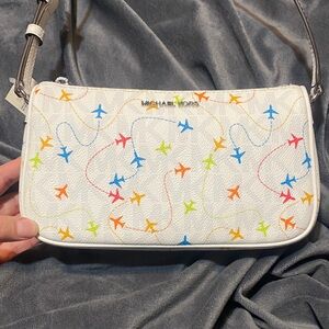 Michael Kors White Multicolor Airplane Embroidered Shoulder Bag